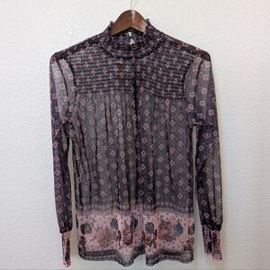 BOHO Maurices Sheer Rose Floral Print Long Sleeve With Ruffle Cuff Blouse Size M